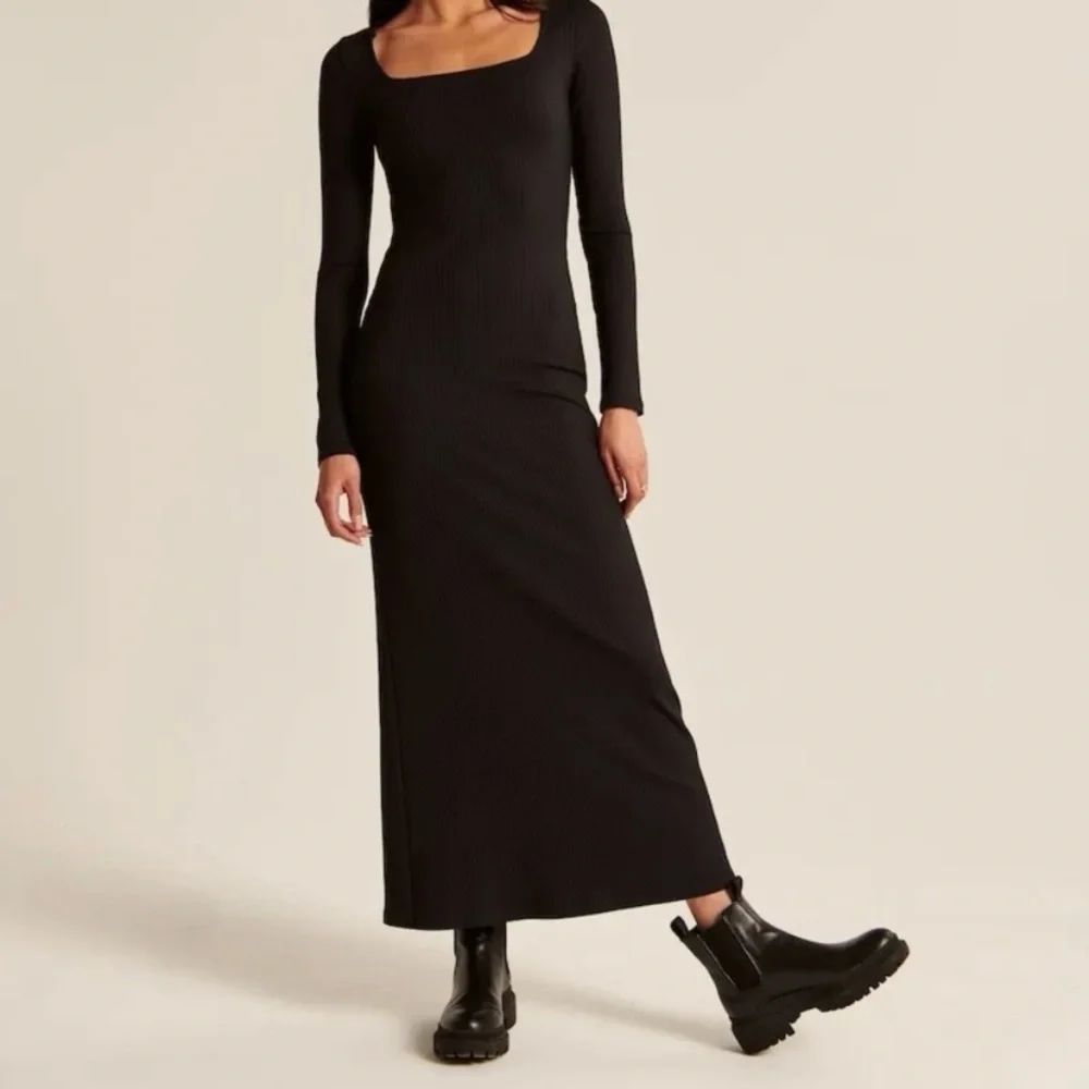 Abercrombie Fitch Ribbed Maxi Dress Womens XLT Black Long Sleeve Dark Romantic
